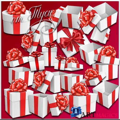 Белые подарочные коробки с красным бантом - Клипарт