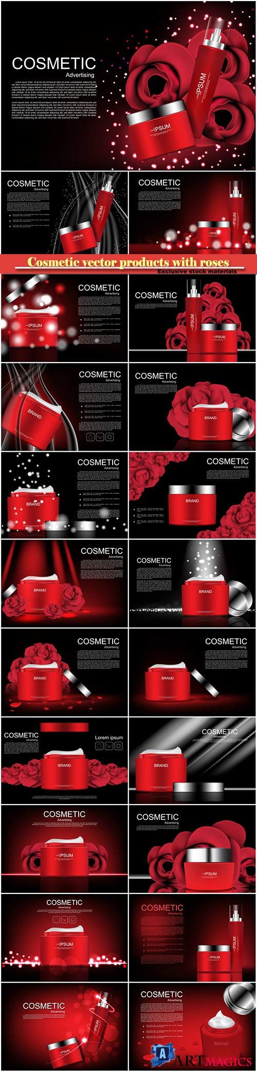 Cosmetic vector products with roses on dark background