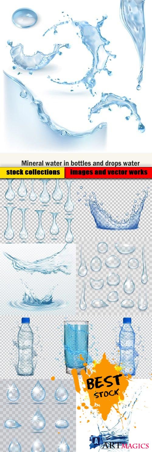 Mineral water in bottles and drops water