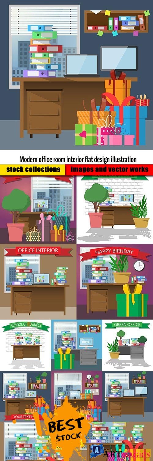Modern office room interior flat design illustration
