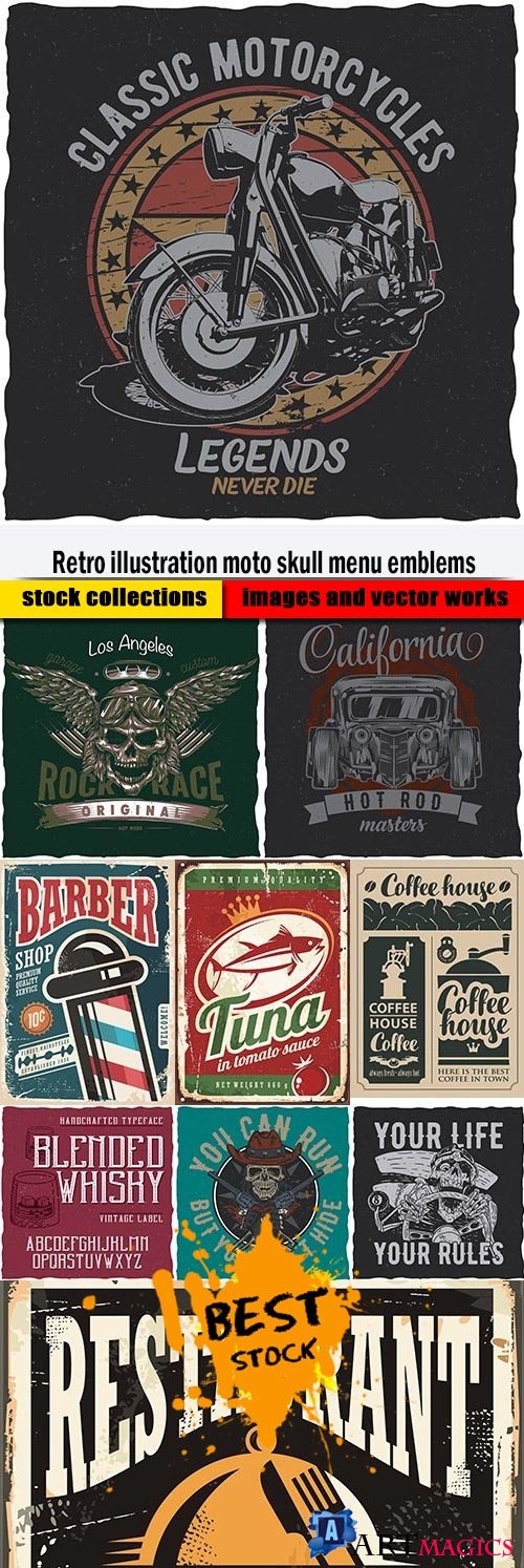 Retro illustration moto skull menu emblems