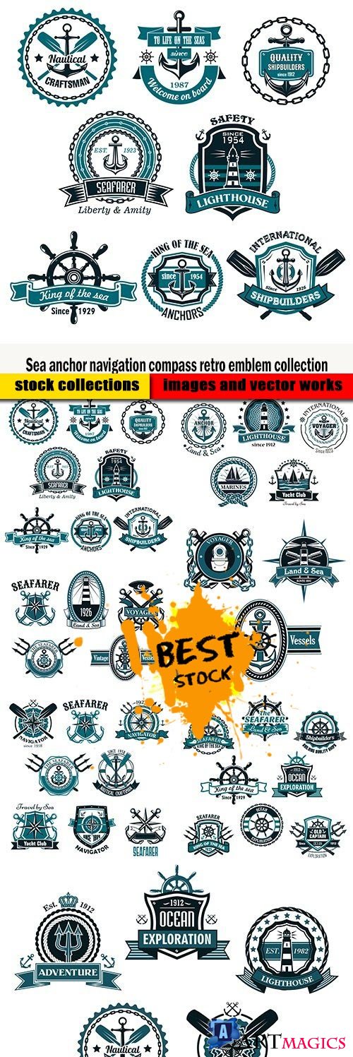 Sea anchor navigation compass retro emblem collection