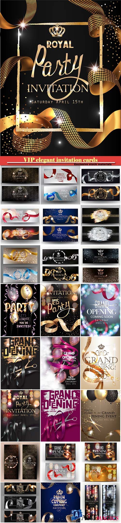VIP elegant invitation cards with with defocused lights, air balloons and gold curly ribbon
