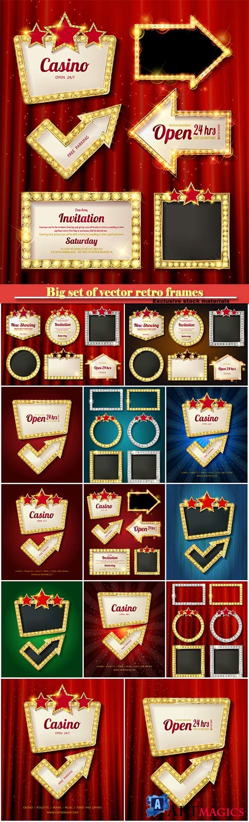Big set of vector retro frames with glowing lamps, banners with shining lights