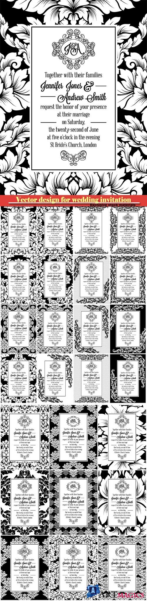 Damask victorian brocade pattern design for wedding invitation, floral swirls royal frame