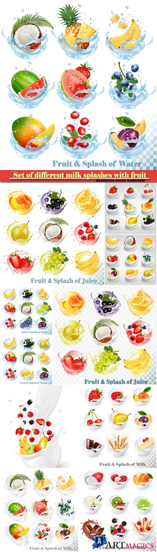 Set of different milk splashes with fruit, nuts and berries, strawberry, raspberry, blackberry, apricot, blueberry, lime, kiwi, vanilla, dragonfruit