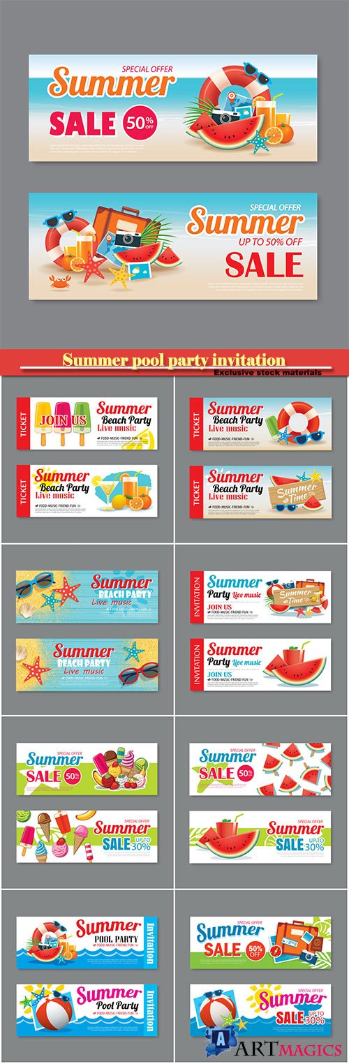 Summer pool party invitation ticket template background