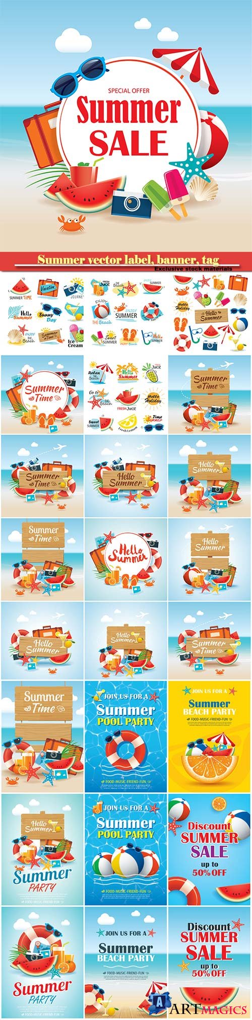 Summer vector label, banner, tag and elements background set