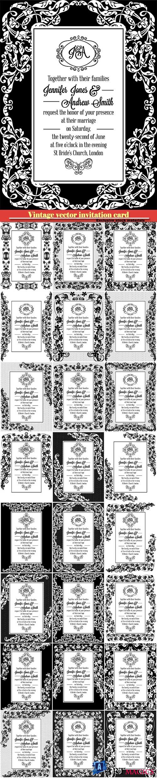 Vintage vector invitation card with black and white lacy design for wedding