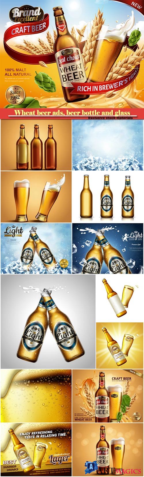 Wheat beer ads, beer bottle and glass with splashing beer and ingredients
