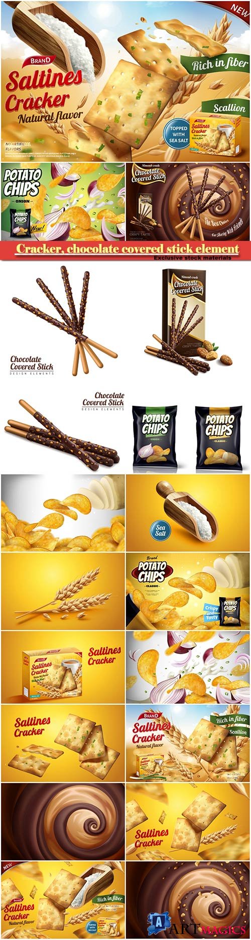 Saltines cracker ads, chocolate covered stick element, potato chip ads
