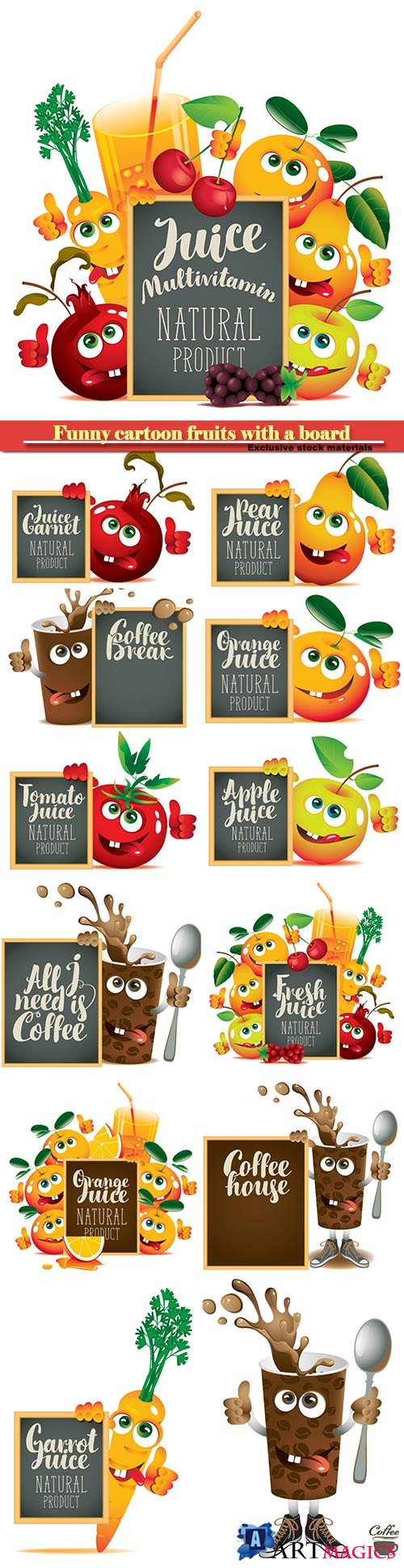 Funny cartoon fruits with a board, coffee and juices