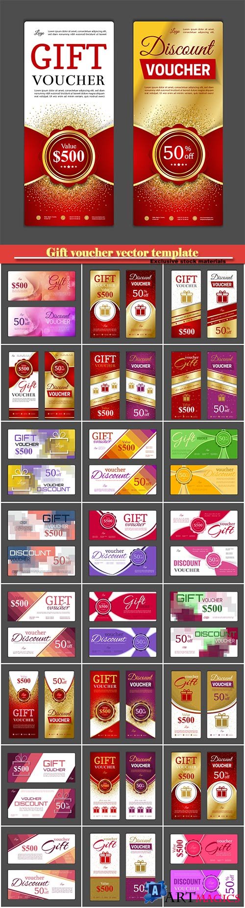 Gift voucher vector template, shopping cards, discount coupon