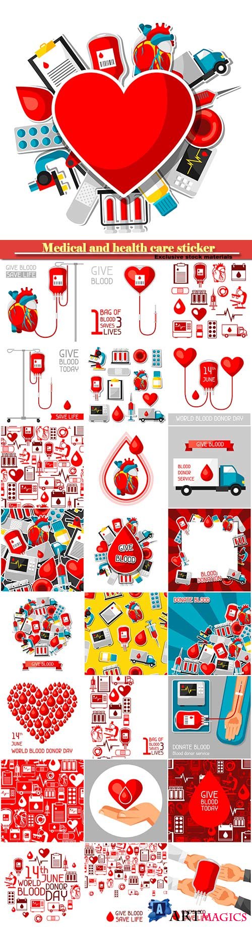 Medical and health care sticker objects, blood donation items