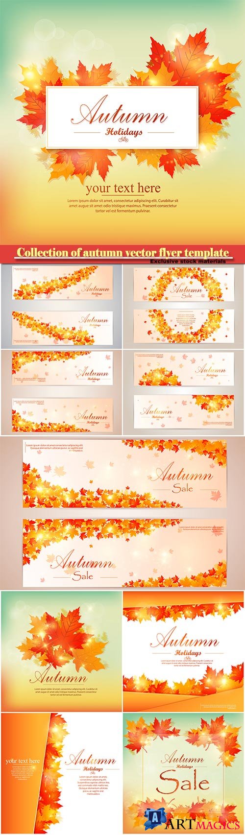 Collection of autumn sale and vector flyer template with lettering, bright fall leaves