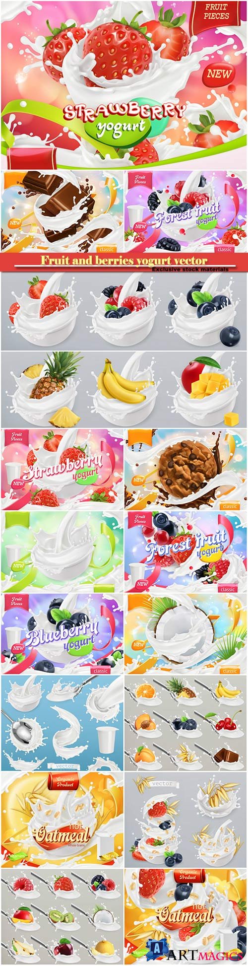 Fruit and berries yogurt vector, mixed berry and milk splashes, chocolate