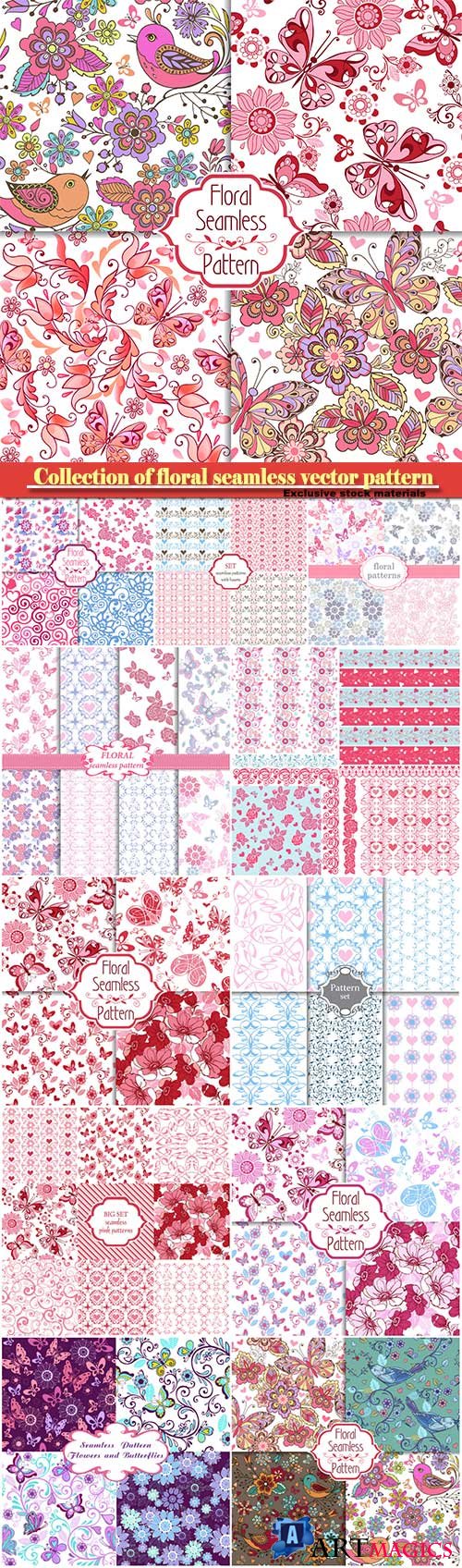 Collection of floral seamless vector pattern with decorative hearts and butterflies