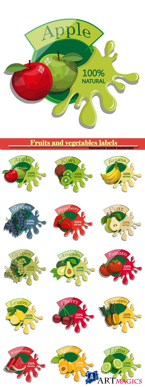 Fruits and vegetables labels in vector fresh natural juices
