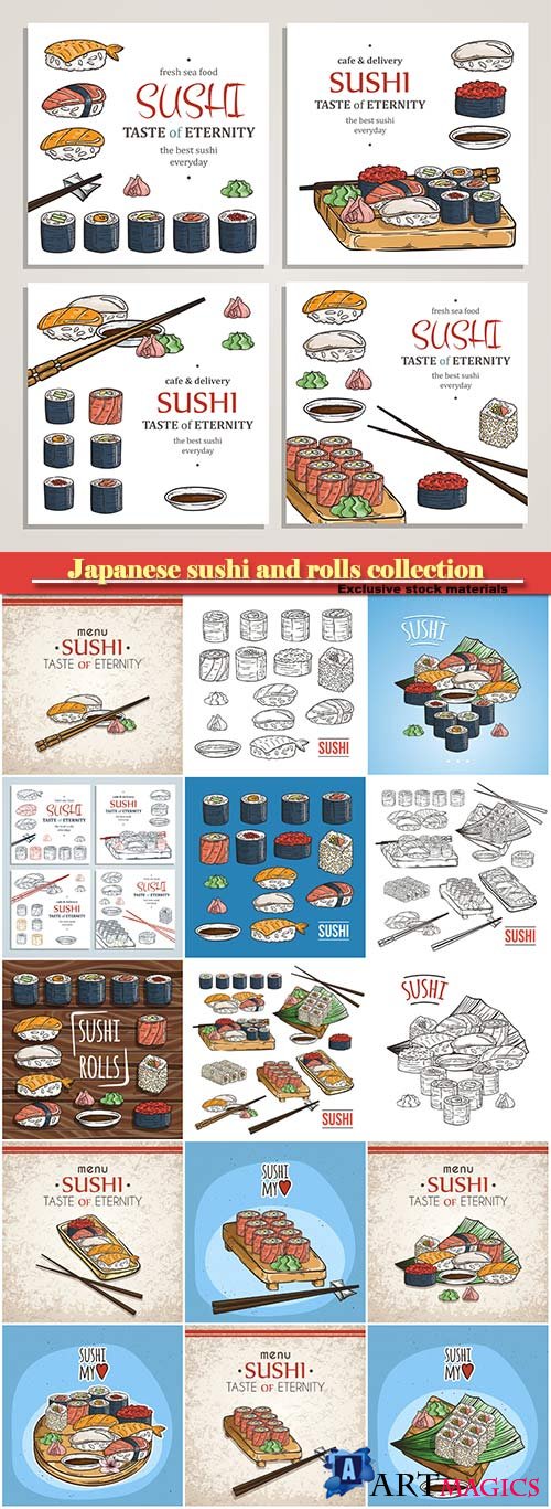 Japanese sushi and rolls collection, traditional fresh seafood, asia cuisine delicious