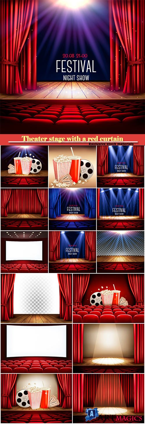 A theater stage with a red curtain and a spotlight
