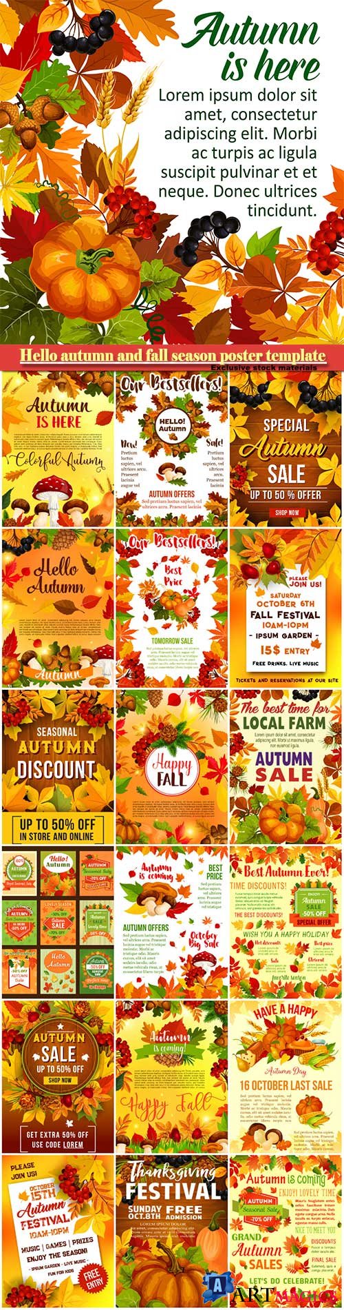 Hello autumn and fall season poster template, thanksgiving day design