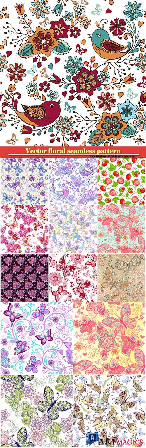 Vector floral seamless pattern ornament with butterflies