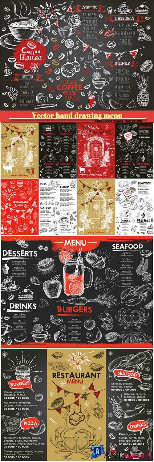 Vector hand drawing menu desserts, fast food, seafood, drinks