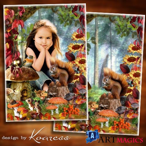 Осенняя рамка-коллаж с зайчиком и белочкой для детских портретов - Сказки осеннего леса