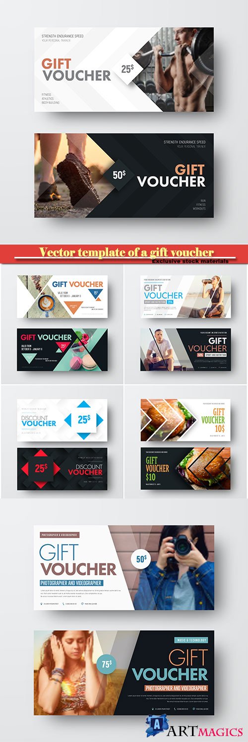 Vector template of a gift voucher with diagonal lines and a place for a photo