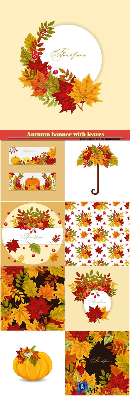 Autumn banner with leaves and  berries, vector colorful background for greeting card