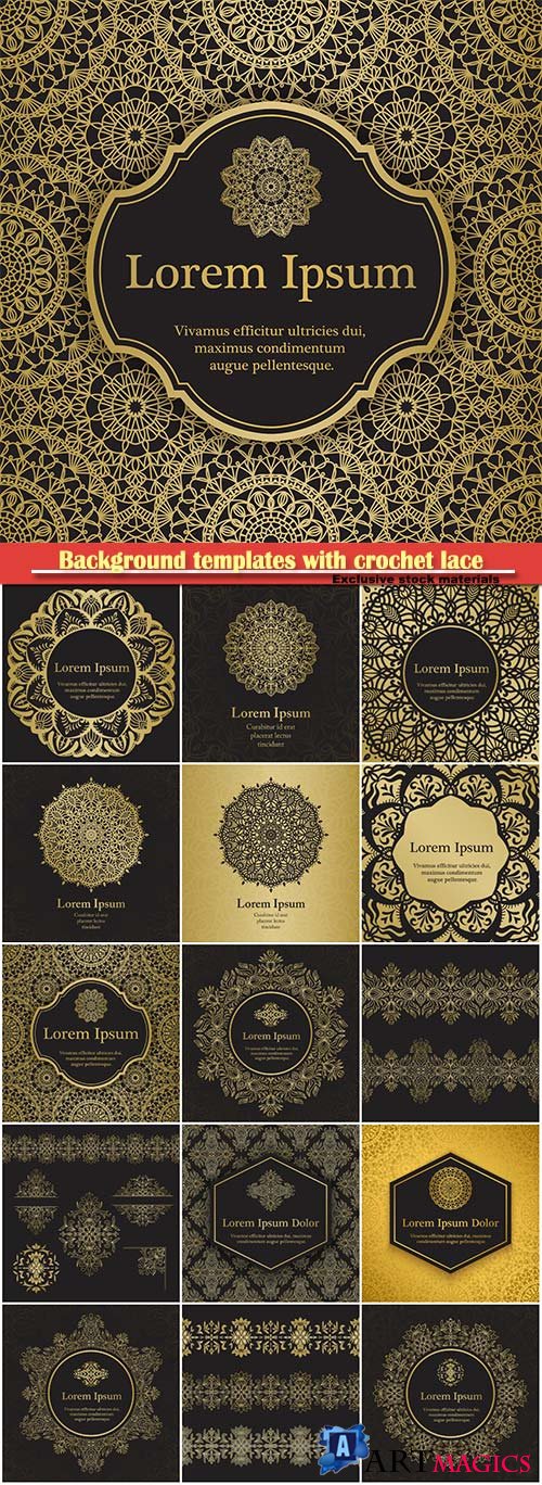 Background templates with crochet lace, gold damask ornament, mandala background