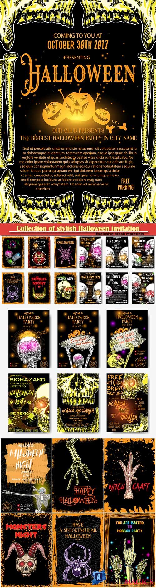 Collection of stylish Halloween invitation posters and cards, hand drawn Halloween greeting flayers templates