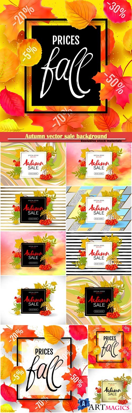 Autumn vector sale background with colorful autumn leaves and a rowan on marble backdrop