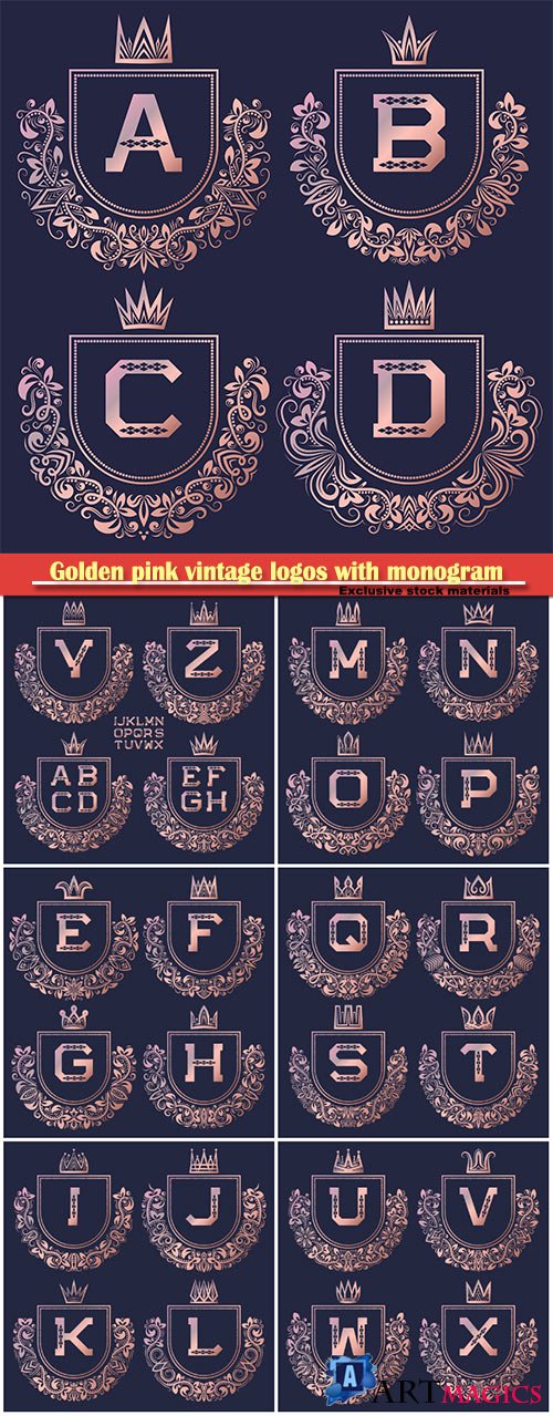 Golden pink vintage logos with  monogram, gold coat of arms set in baroque style