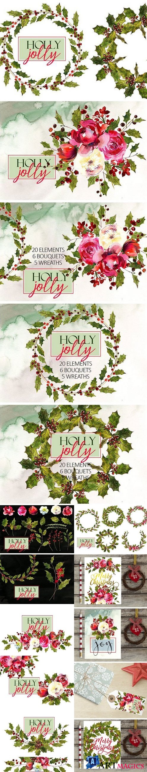 Holly Steams Christmas Watercolors 1046839