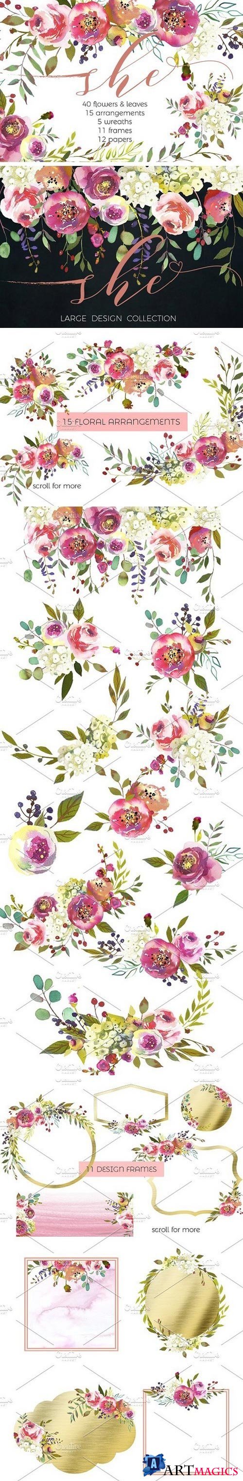 Peach Peonies Watercolor Flowers Set 1153922