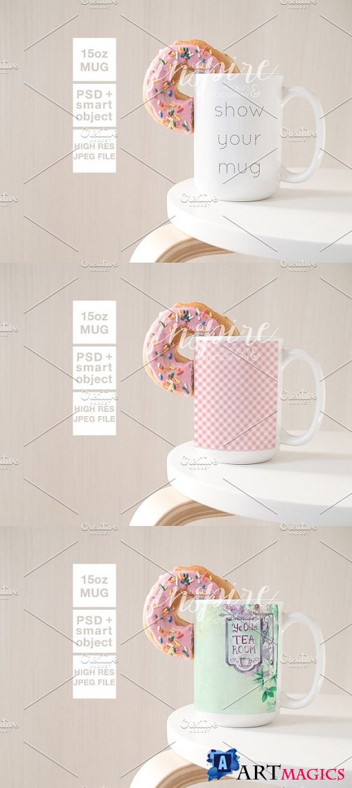 15oz Ceramic Mug Mockup + Donut PSD 1863625