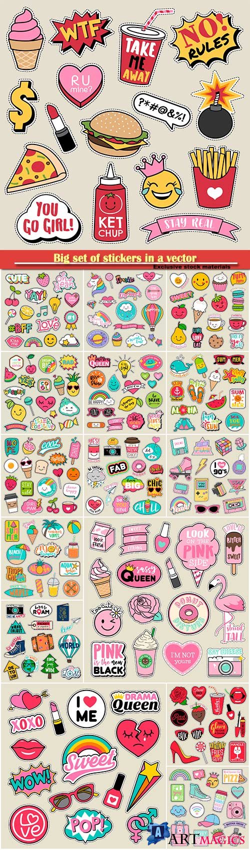 Big set of stickers in a vector, food, cosmetics, travel