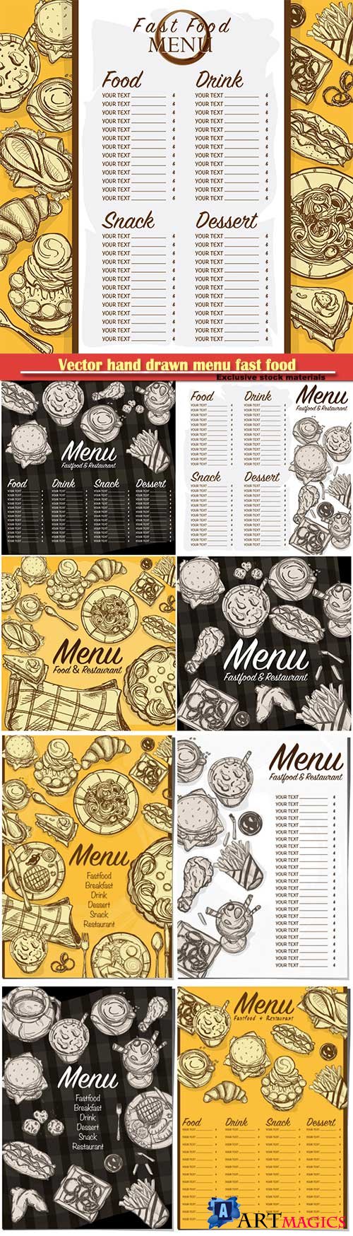 Vector hand drawn menu fast food restaurant template design