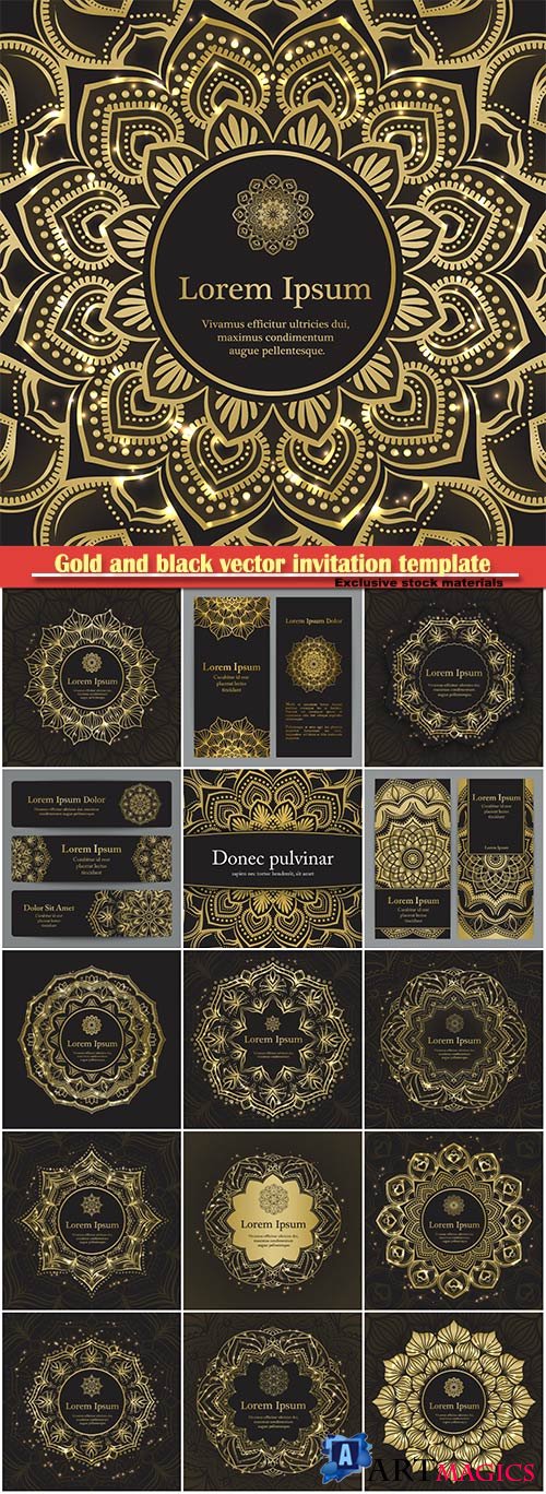 Gold and black vector invitation template, flyer template set with flower mandala in gold color