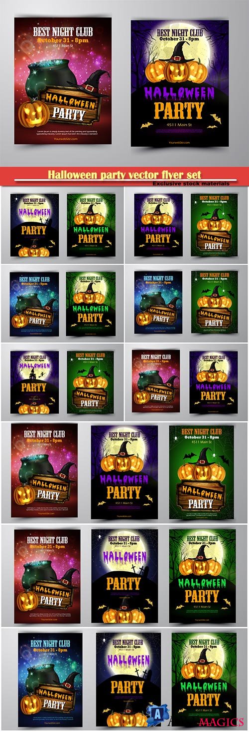 Halloween party vector flyer set with pumpkins, hat, bats witch and cemetery vector