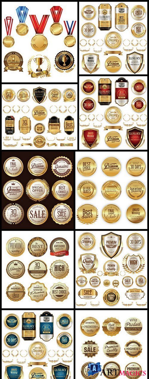 Golden Badges And Labels - 10 Vector