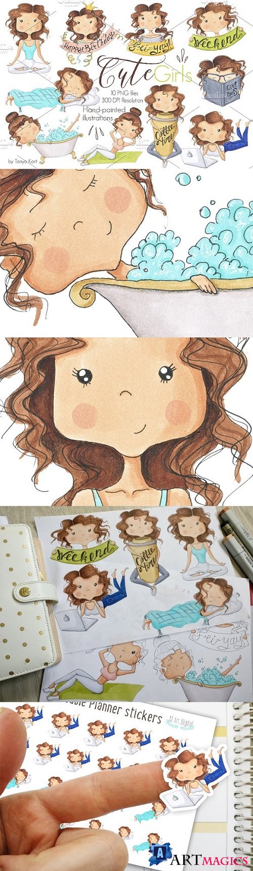 Cute Girls Hand-Painted Clipart - 1567705