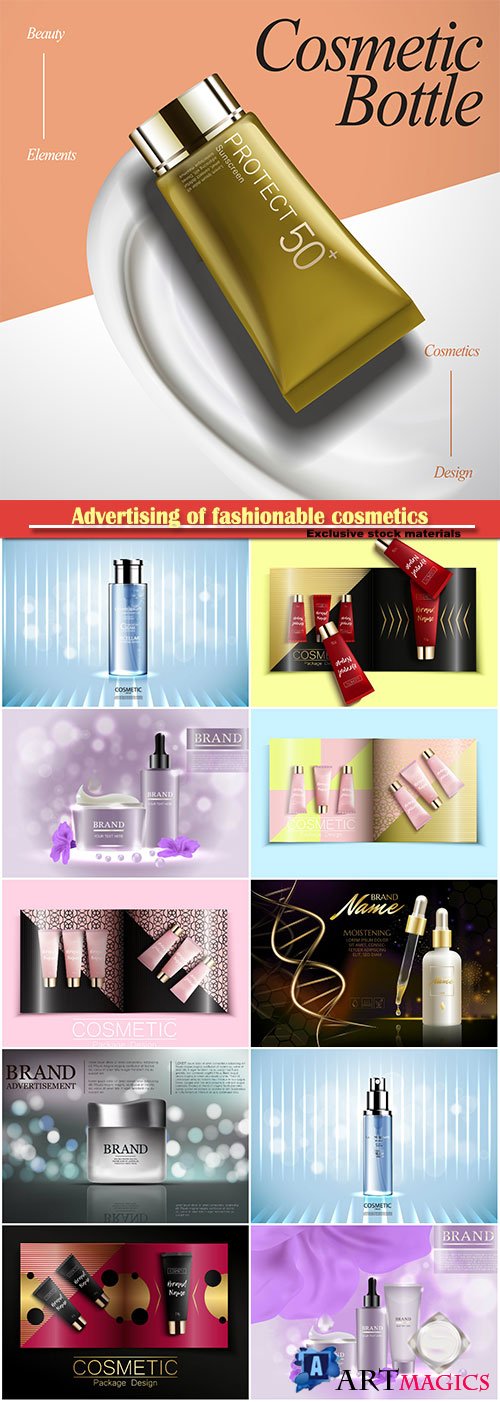Advertising of fashionable cosmetics, template of fashion magazine, catalog of cosmetic, realistic packaging cosmetics templates