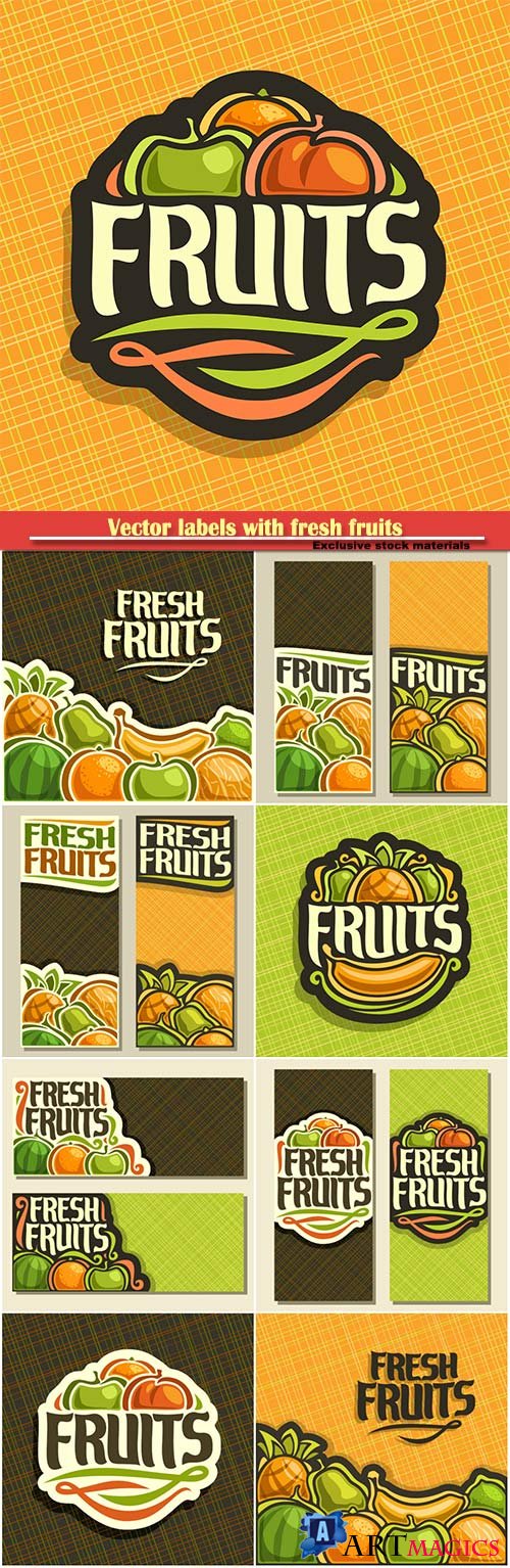 Vector labels with fresh fruits in vintage style