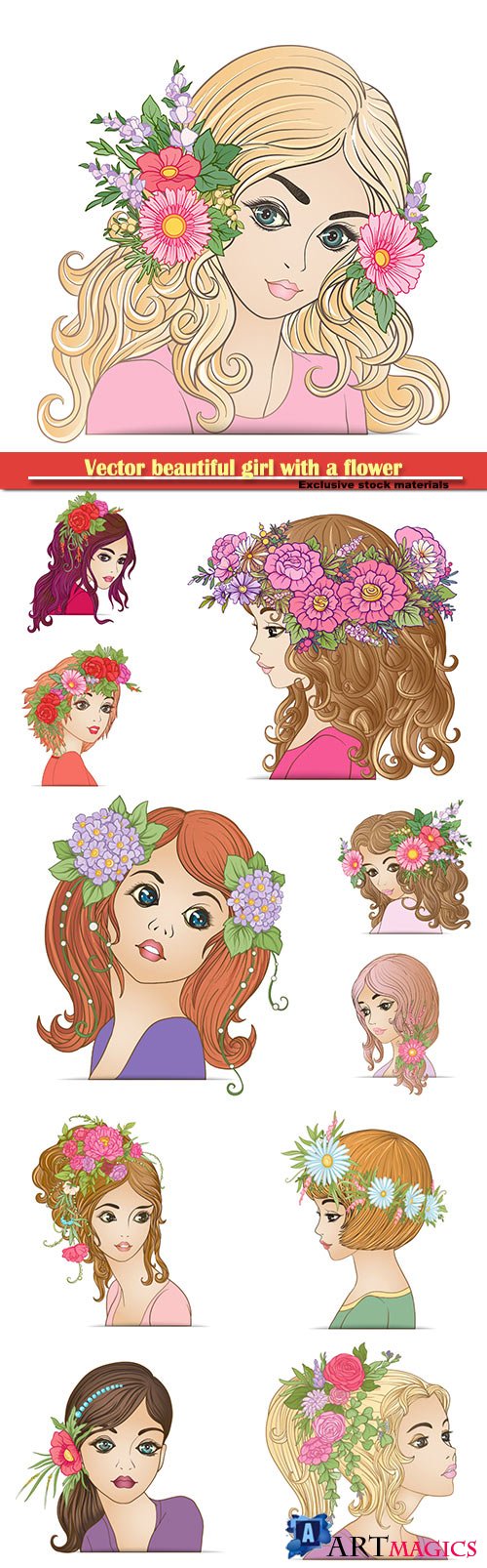 Vector beautiful girl with a flower wreath on his head