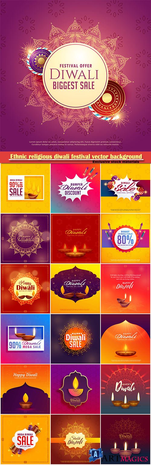 Ethnic religious diwali festival vector background with diya lamp