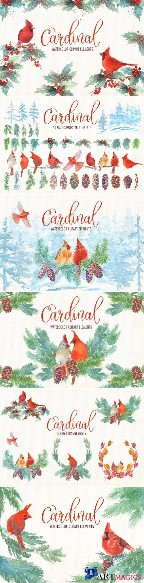 Cardinal bird watercolor clipart set 1870858