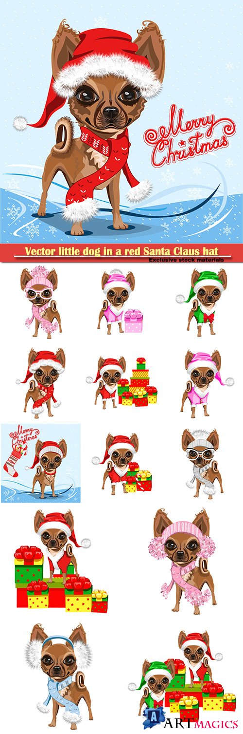 Vector little dog in a red Santa Claus hat