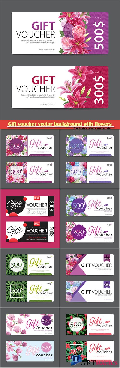 Gift voucher vector background with flowers